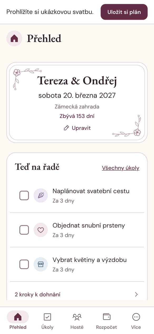 Svatební plán planner overview on a phone-sized screen
